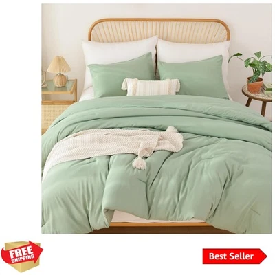 King Size Sage Green Comforter Set - 3 Piece Bedding Set with Boho Style, Lig... - Image 1 of 4