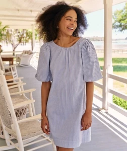 Abito a tubino Vineyard Vines popeline manica a sbuffo taglia XS blu baia/bianco nuovo senza etichette - Foto 1 di 3