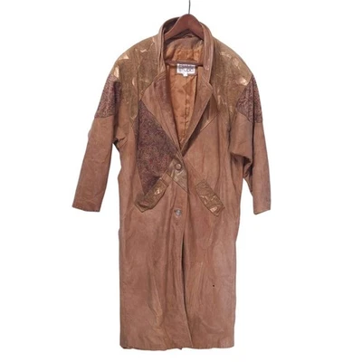 Vtg Pelle Studio Leather Patchwork Trench Coat Gold Accent Womens M Distressed - Image 1 of 4