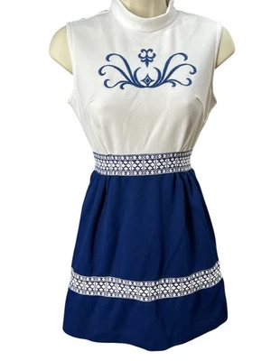 Vtg 60s Sz XS MOD Dress  Micro MINI Navy Blue White Embroidery Braid METAL Zip - Image 1 of 4