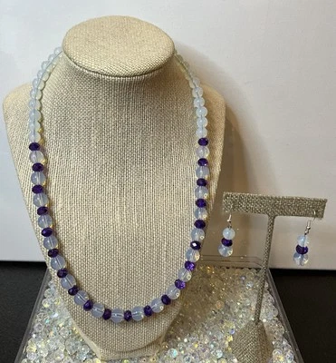 Collar y pendientes 925 hechos a mano de piedra de ópalo natural y cristal púrpura Z Foto 1 de 4