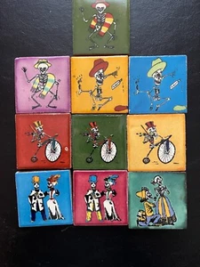 VINTAGE MEXICAN MINIATURE TERRA COTTA TILES DAY OF THE DEAD 2" SQ FOLKART - Picture 1 of 6