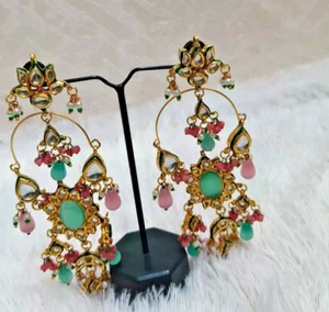 Bollywood mullti color gold plated kundan big drop earring for memorial day. - Picture 1 of 3