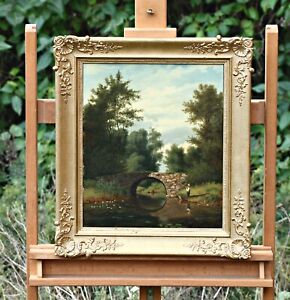 Angler catching fish, antique oil on canvas painting, unsigned, beautiful frame