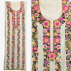 WHITE-PINK COTTON HAND EMBRO INDIAN PAKISTANI SALWAR KAMEEZ LADIES SUIT MATERIAL - Picture 1 of 3