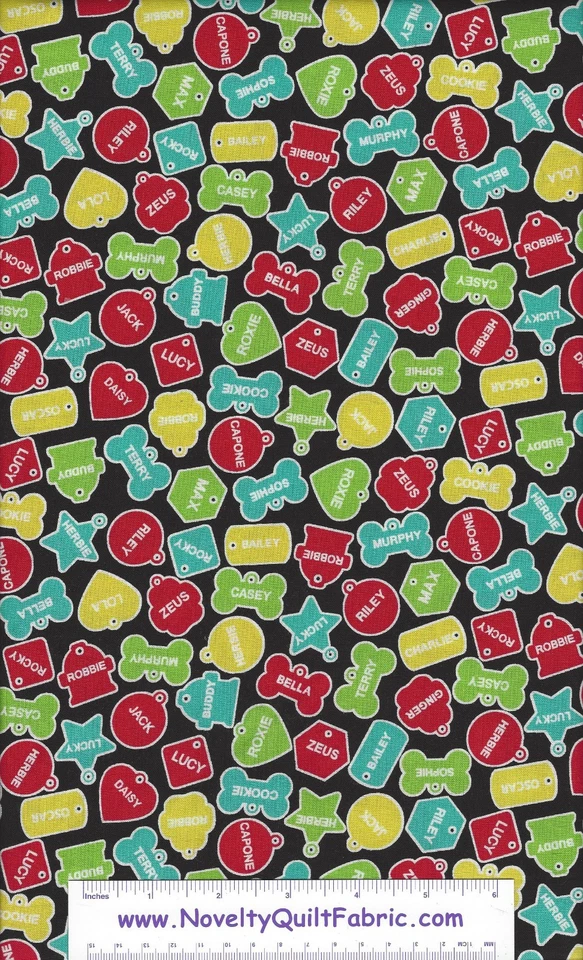 Dog Park Black Tag Collar Name Address Cotton Novelty Quilt Quilting Fabric BTY - Image 1 of 1