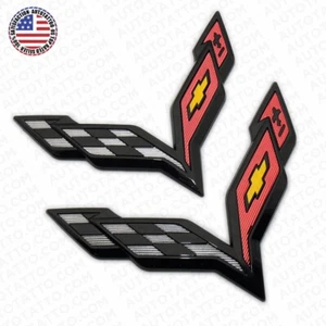 For Corvette C7 2014-2019 Gloss Black Front & Rear Set Cross Flags Emblem Sport - Picture 1 of 7