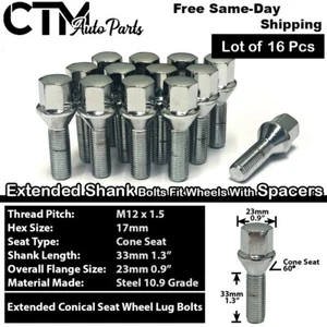16x Chrome 12x1.5 Cone Seat Lug Bolts 33mm Shank Audi VW Smart w/ 3-8mm Spacer - Picture 1 of 5