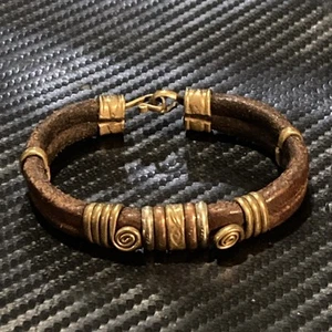 Vintage Artisan Boho Tribal Cuff Bracelet Leather Brass Copper Silver Freeform - Picture 1 of 7