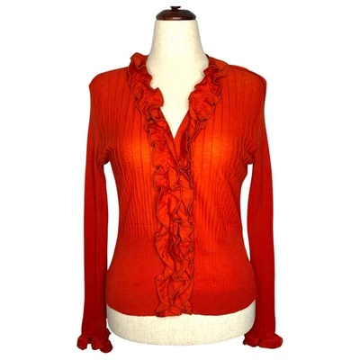 Anne Fontaine Women's Cardigan Size 46 14 Orange Ruffle Knit Ribbed V-Neck - Image 1 of 4