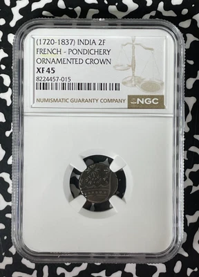 (1720-1837) India Francesa Pondichery 2 Fanon NGC XF45 Lote #G263 Plata! KM#49 Foto 1 de 3