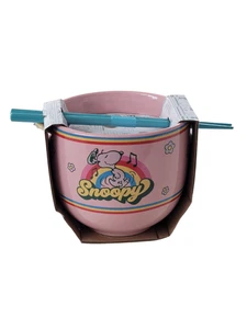 Snoopy Peanuts Ramen Noodle Bowl with Spoon And Chopsticks New Pink Rainbow - Picture 1 of 6