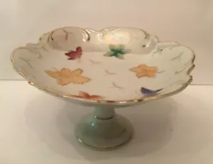 Vintage Lefton 62/28 China Pedestal Plate Pearl Luster Butterfly Leaf Motif - Picture 1 of 10