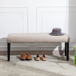Upholstered Fabric Ottoman Bench W/ Wooden Legs For Bedroom End of Bed Entryway - Picture 1 of 10