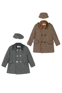 Boys Tweed Houndstooth Pea Coat & Cap Set with Elbow Patch, Kids Winter Outwear - Picture 1 of 12