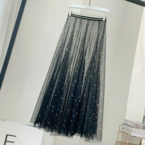 Mujeres Falda de Encaje de Lentejuelas Plisada Malla Inferior Transparente Transparente Brillo - Imagen 1 de 16