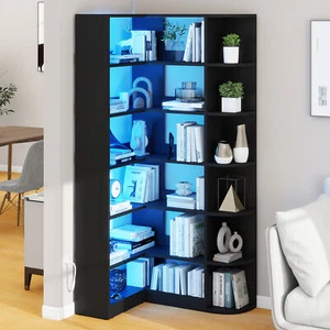 6-Tier Bookshelf L-Shaped Corner Bookcase with LED Light Wood Display Shelf Rack - Picture 1 of 13
