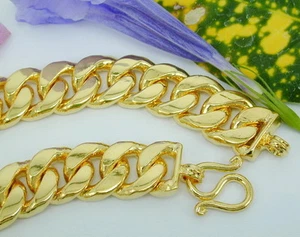 12MM MEN'S CURB LINK 24K Gold GP Baht Thai Bracelet 7 7.5 7.75 8 9 inch GT48 - Picture 1 of 11