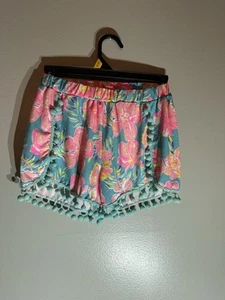 Simply Southern Youth Large Teal And Pink Hawaiian Shorts With Pom Pom - Picture 1 of 4