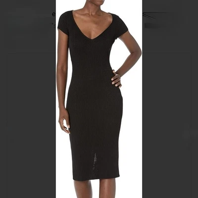 Vestido Suéter Midi Tejido Acanalado Negro Guess Talla L Manga Corta Cuello en V Foto 1 de 4