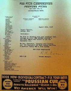 Fox Film Letterhead August 20 1918 Prussian Cur Her Father's Station Who's Your - Picture 1 of 1