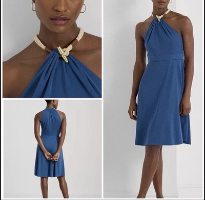 Lauren Ralph Lauren Women's Stretch Jersey Halter Dress size 14 Blue Party Midi - Image 1 of 4