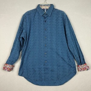 Camisa Robert Graham Para Hombres XL Rayas Abotonada Floral Contraste Puños Azul Algodón - Imagen 1 de 7