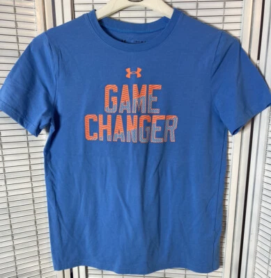under armour boys loose YLG heat gear blue orange t shirt graphic game changer - Image 1 of 4