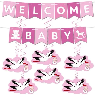 Babyparty Deko Girlande Storch Blau oder Rosa + 6 Spiral Deckenhänger Set Geburt - Bild 1 von 4
