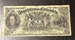 1904 Republic of Columbia 50 Pesos Bogota Note Bill World Paper Money - Picture 1 of 6