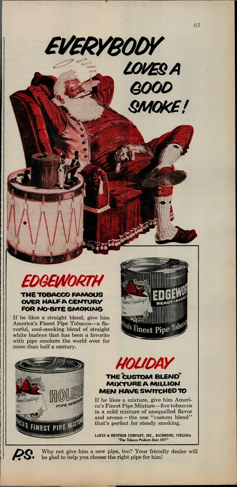 Edgeworth Holiday Tobacco Santa Ready 1955 anuncio impreso vintage 1950 Foto 1 de 1