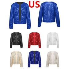 US Womens Sequin Jacket Long Sleeve Open Front Coat Glitter Cropped Blazer Party