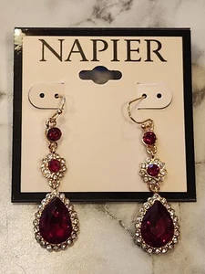 Napier Gold-Tone Red & Clear Crystal Teardrop Dangle Earrings For Women - Picture 1 of 5