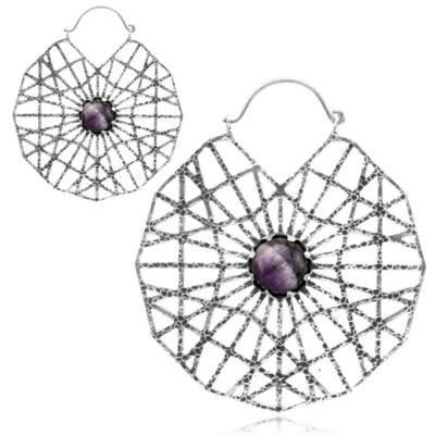 PAR DE TAPONES DE PLATA AMATISTA PULIDA DE 3” PULGADAS GRANDES 18g MEDIDORES Foto 1 de 4