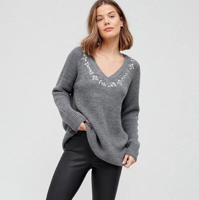 V By Very V Neck Embellished Warm Knit Pullover Knitted Jumper Grey UK Size 12 - Image 1 of 4