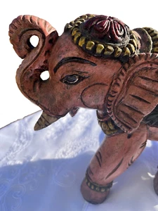 Estatua de elefante estilo antiguo grande India tallada a mano madera pintada rojo verde - Imagen 1 de 12