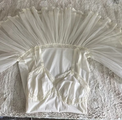 De Colección Perlcrest Deslizamiento Completo Doble Capa Forrado Encaje Rockabilly Nylon Marfil Excelente Foto 1 de 4