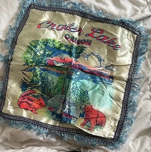 Vintage Souvenir Crater Lake Oregon Pillow Cover Silk Fringe 16” Square - Picture 1 of 3