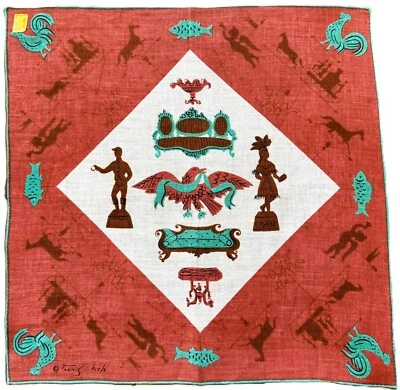 Pañuelo Kimball TAMMIS KEEFE de lino AMERICANA jengibre/verde azulado excelente con etiquetas años 40/50 Foto 1 de 4