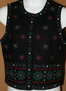 Talbots Black Wool Vest Red Green Geometric Embroidered Lined - Picture 1 of 3