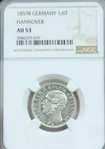 1859 GERMANY SILVER 1/6 THALER HANNOVER GEORG V NGC AU 53 BRIGHT MIRROR LUSTER - Picture 1 of 5