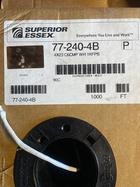 Cable de cobre superior ESSEX 77-240-4B de 1000 pies, 4 pares, 23 AWG Cat 6 CMP blanco Foto 1 de 1