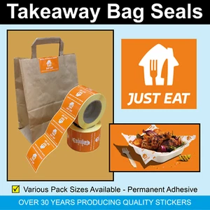 Just Eat Takeaway Paper / Plastic Bag / Pizza Box Seals -  Labels / Stickers - Picture 1 of 25