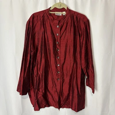 Blusa túnica vintage roja con botones delanteros de seda para mujer 3 XL brillante texturizada Dupioni Foto 1 de 4
