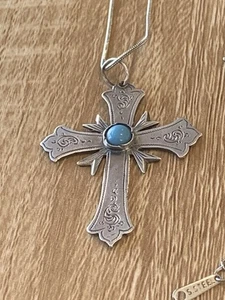 Vintage Ornate Greek Sterling Silver Turquoise Cross on Chain - Picture 1 of 4