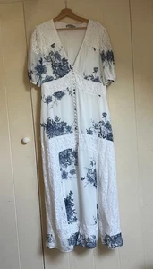 All Saints White and Blue Floral Print Lace Detail Button Maxi Dress Size 16 - Picture 1 of 14