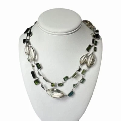 Solid Platinum Natural Clear Topaz & Green Tourmaline Necklace 38" - Image 1 of 4