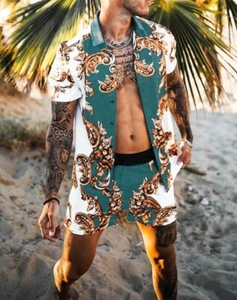 Button Down Shirt Men Baroque Green White Beach Hawaiian Tee Top with Shorts SET - Picture 1 of 1