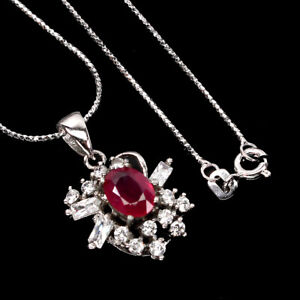 Heated Oval Red Ruby 8x6mm Simulated Cz 925 Sterling Silver Necklace 16inches