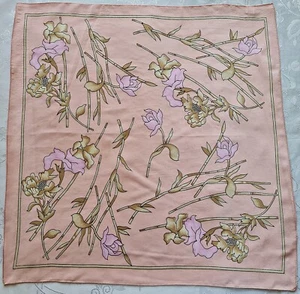 SCARF VINTAGE AUTHENTIC FLORAL ART ORCHIDS PINK BROWN SILK 21" SMALL SQUARE - Picture 1 of 3